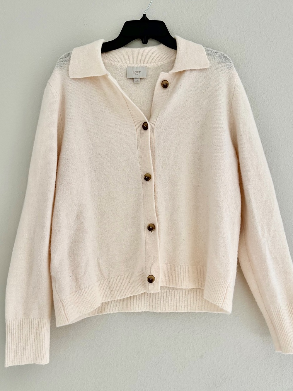 LOFT Soft Knit Collared Cardigan Sweater XL Ivory Quiet Luxury Coastal Grandma